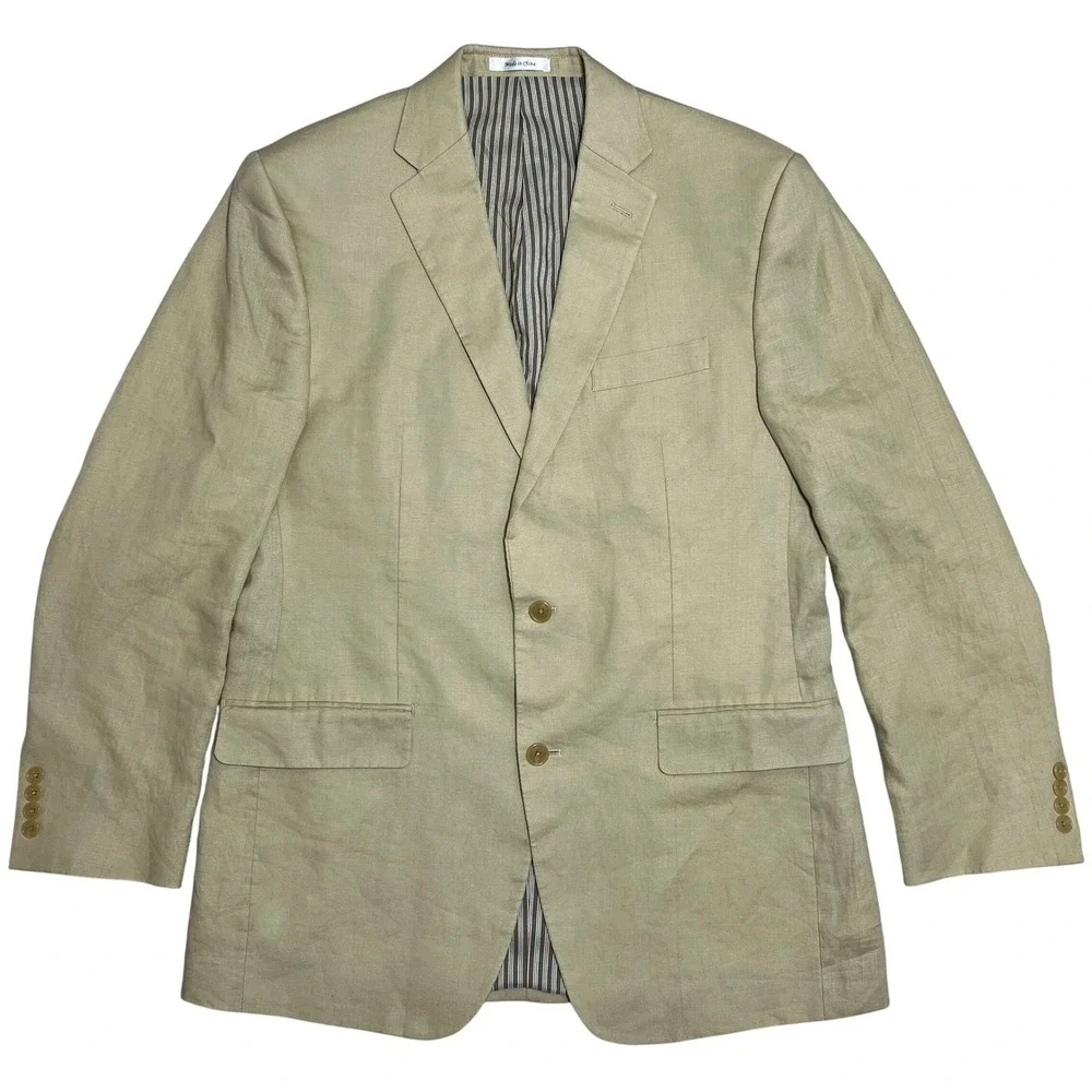 Calvin Klein Mens Linen‎ Beige Blazer Jacket 40L Two Button Striped Lined